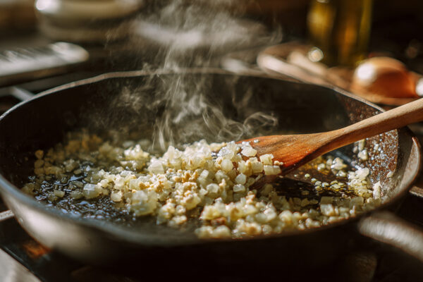 top-down-food-photography-of-a-rustic-skillet-on-a