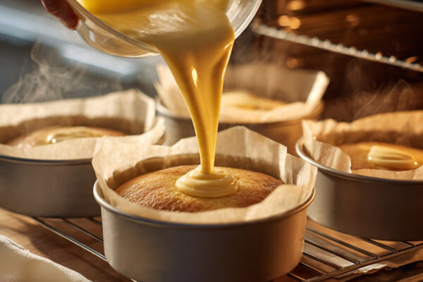 cake-batter-being-poured-into-round-cake-pans-line